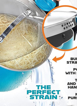 Gotham Steel 5 Quart Stock Pot Ceramic Multipurpose Pasta Pot with Strainer Lid & Twist and Lock Handles, Tempered Glass Lid, Dishwasher Safe, Aqua Blue