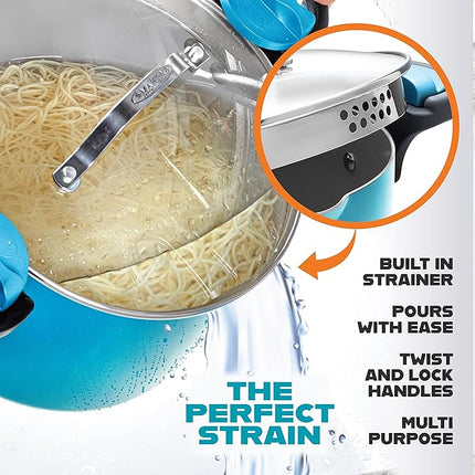 Gotham Steel 5 Quart Stock Pot Ceramic Multipurpose Pasta Pot with Strainer Lid & Twist and Lock Handles, Tempered Glass Lid, Dishwasher Safe, Aqua Blue