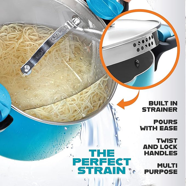 Gotham Steel 5 Quart Stock Pot Ceramic Multipurpose Pasta Pot with Strainer Lid & Twist and Lock Handles, Tempered Glass Lid, Dishwasher Safe, Aqua Blue