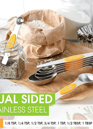 Spring Chef Stainless Steel Magnetic Measuring Spoons Set of 8 with Leveler, Dual Sided Metal Teaspoon & Tablespoon Measuring Spoons, Kitchen Gadgets for Baking & Cooking, Fits in Spice Jars - Mango