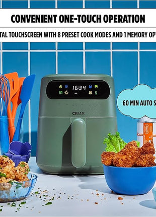 CRUX x Marshmello 3.0 QT Digital Air Fryer with TurboCrisp Technology, Touch Screen Temperature Control, Timer and Auto Shut-off, Fully Programmable, Silicone Cupcake Molds Included, Olive