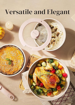 Redchef Ceramic Cookware Set, Removable Handle Pots and Pans Non-Stick, Rv Cookware Set, Non-Toxic Pots and Pans Set No PFAS, PTFE, PFOA, Detachable Pots and Pans, Dishwasher & Oven Safe (Pink)