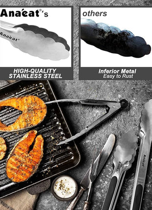 Anaeat Premium Kitchen Locking Tong Set of 3 - Heavy Duty Stainless Steel Food Tongs with Long Handle & Non-Slip Silicone Grip for Cooking, Baking, Grilling - Heat Resistant up to 480°F