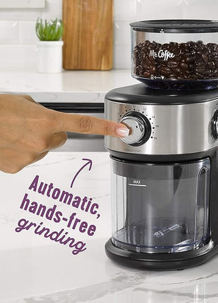 Mr. Coffee Burr Coffee Grinder Automatic Grinder with 18 Presets for French Press Drip and Espresso 18-Cup Capacity Stainless Steel