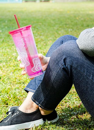 bzyoo SIP 24oz (710ml) Double Wall Plastic Tumbler with Lid and Straw Cold Drink Travel Mug Reusable Party Cup Perfect for Office Ice Coffee or Tea and Gift Color: Pink & Purple