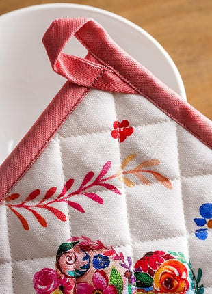 Maison d' Hermine 100% Cotton Oven Mitt & Pot Holder Set (7.5"x13" & 8"x8") Heat Resistant BBQ Cooking Gloves with Loop, Grilling, Kitchen, Handling Hot Pan Spring/Summer (Happy Florals - High Summer)