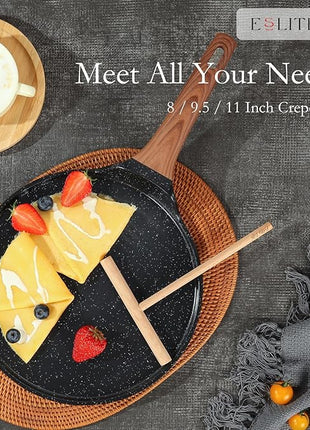 ESLITE LIFE Nonstick Crepe Pan Set with Spreader, 9.5 & 11 Inch Granite Coating Flat Skillet Dosa Tawa Comales Para Tortillas Pancake Pan, PTFE & PFOA Free, Black