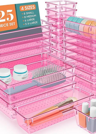 WOWBOX 25 PCS Plastic Drawer Organizer Set, 4 Sizes Desk Drawer Divider Organizers and Storage Bins for Makeup, Jewelry, Gadgets for Kitchen, Bedroom, Bathroom, Office, Clear Pink