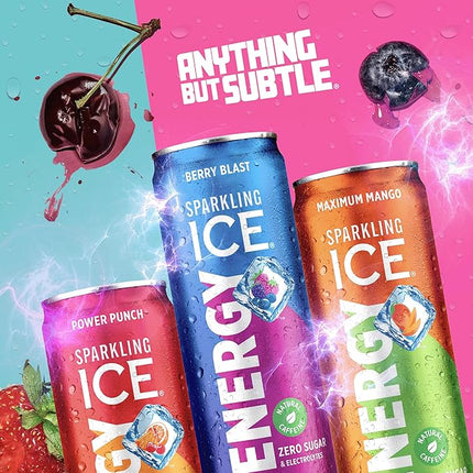 Sparkling Ice Energy Variety 12Pk. Energy Drinks with Vitamins + Antioxidants, Zero Sugar, Berry Blast, Maximum Mango, Power Punch flavors. 12 fl oz cans.