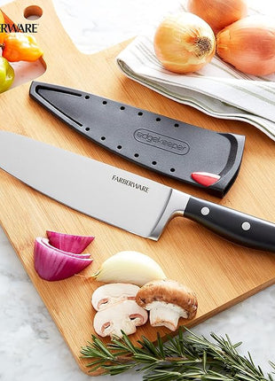 Farberware Edgekeeper 8-Inch Forged Triple Riveted Chef Knife with Self-Sharpening Blade Cover, High Carbon-Stainless Steel Kitchen Knife with Ergonomic Handle, Razor-Sharp Knife, Black
