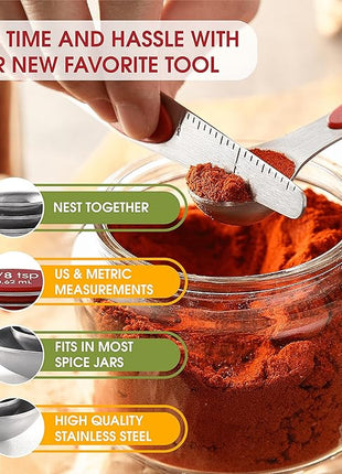 Spring Chef Red Stainless Steel Magnetic Measuring Spoons Set of 8 with Leveler, Dual Sided Nesting Teaspoon & Tablespoon Measuring Spoons, Kitchen Gadgets for Baking & Cooking, Fits in Spice Jars