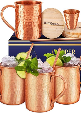 Gift Set Moscow Mule Mugs Set Of 4 16 oz Solid Cooper, 100% Pure Copper Cups Cylindrical Shape HANDCRAFTED, BONUS 4 Straws, 4 Wood Coasters, Stirring Spoon, And Shot Glass (Square)