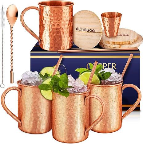 Gift Set Moscow Mule Mugs Set Of 4 16 oz Solid Cooper, 100% Pure Copper Cups Cylindrical Shape HANDCRAFTED, BONUS 4 Straws, 4 Wood Coasters, Stirring Spoon, And Shot Glass (Square)