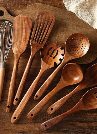 Wooden Kitchen Utensils set, 7Pcs Wooden Spoons for cooking Natural Teak Wood Kitchen Spatula Set for Cooking including Spoon Ladle Fork