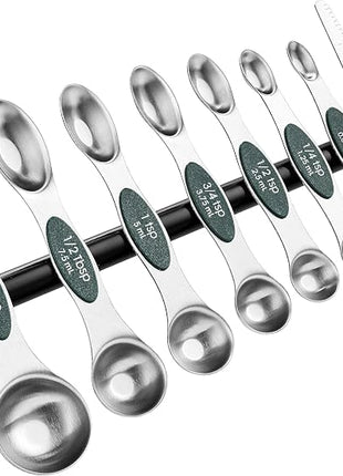 Spring Chef Stainless Steel Magnetic Measuring Spoons Set of 8 with Leveler, Stackable Magnetic Teaspoon & Tablespoon Set, Metal Kitchen Gadgets for Baking & Cooking, Fits in Spice Jars - Pine Green