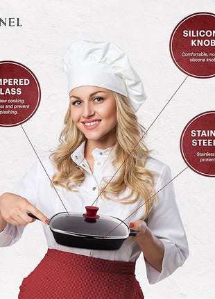 Cuisinel Square Glass Lid for Grill Pans with Steam Vent Hole - 10.5"-inch/26.67cm - Fits Lodge Cast Iron - Fully Assembled Universal Replacement Cover - Tempered and Oven Safe - Reinforced Stainless