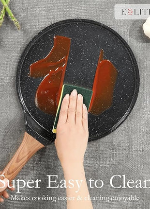 ESLITE LIFE 9.5 Inch Crepe Pan with Spreader, Nonstick Ceramic Flat Skillet Dosa Tawa Comales Para Tortillas Pancake Pan, PTFE & PFOA Free, Black