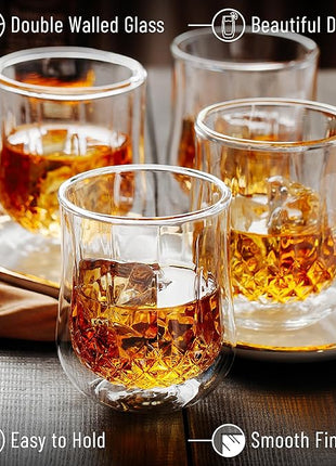 BTaT- Whiskey Glasses, Double Wall Glasses, Set of 4, Bourbon Glasses, Cocktail Glasses, Scotch Glasses, Old Fashioned Glass, Rocks Glass, Crystal Glasses, Vodka Glasses, Gifts