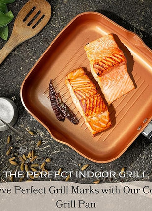 Moss & Stone Square Grill Pan For Indoor Cooking, 9.5In Frying Pan Copper Non-Stick Saute Fry Pan, Induction Copper Pan for Meats & Vegetables, Aluminum Griddle Nonstick Stove Top Grill Pan