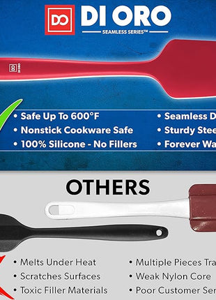 DI ORO - Large Silicone Spatula - 600ºF Heat-Resistant Spatula - Seamless Design - Pro-Grade Non-Stick Silicone Rubber with Reinforced Stainless Steel S-Core Technology (RED)