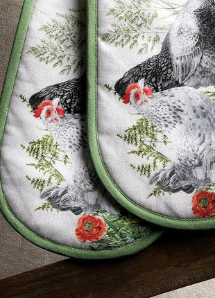 Maison d' Hermine Double Oven Mitts 100% Cotton 7"x35" Double Oven Mitt Heat Resistant BBQ Cooking Gloves with Loop, Baking, Grilling, Home, Kitchen, Handling Hot Pans Spring Summer (Basse Cour)