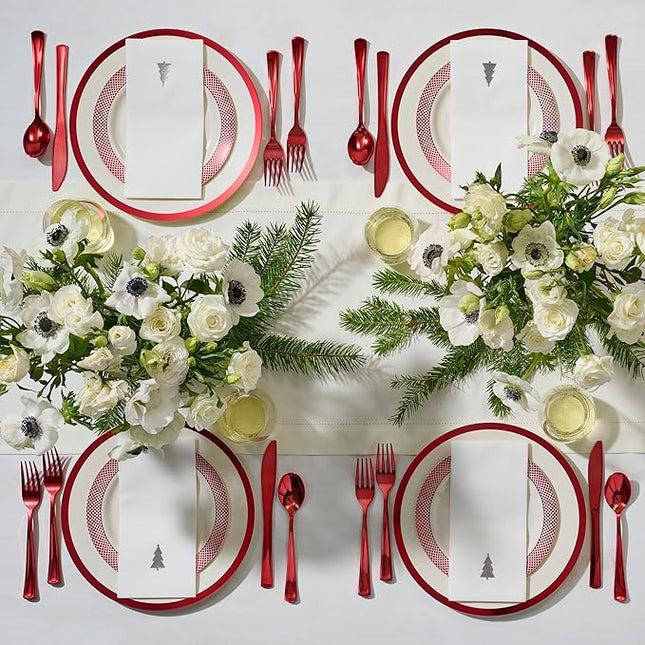 By Madee HEAVYWEIGHT 175 Pc Ivory with Red Trim Plastic Disposable Dinnerware Set with Silverware & Linen-Like Premium Napkins (25 Guests)