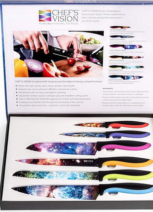 CHEF'S VISION Cosmos Knife Set - 6-Piece Stainless Steel Cutting Knives Set for Kitchen with Vibrant Cosmos Design - Great House Warming Gift for Women or Men - Unique Kitchen Knife Set Gift