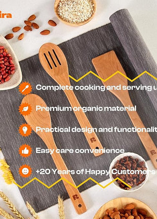 Riveira Cherry Wooden Spoons for Cooking Set of 3 – Natural Cherry Wooden Cooking Utensils, Wooden Spatula, Wooden Spoon - Premium Quality Wooden Utensil Set for Non-Toxic Cooking