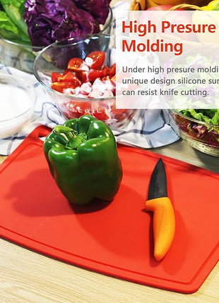 Liflicon Thick Silicone Cutting Board 12.6'' x 9.1'' Juice Grooves Easy Grip Handle Dishwasher Safe-Red