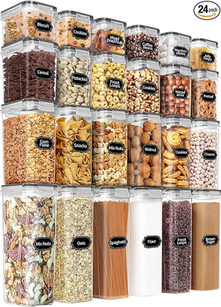 PRAKI Airtight Food Storage Containers Set with Lids - 24 PCS, BPA Free Kitchen and Pantry Organization, Plastic Leak-proof Canisters for Cereal Flour & Sugar - Labels & Marker(Grey)