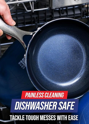 Blue Diamond Frying Pan 8” Skillet, Diamond Infused Healthy Ceramic Nonstick, PFAS and PFOA-Free, Dishwasher and Oven Safe, Even Heating, Metal Utensil Safe, Warp Control Base, Blue (Pack of 4)