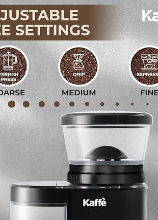 Kaffe Electric Burr Coffee Grinder (5.5oz) w/Adjustable Coarseness Settings - Flat Burr - [New Upgraded Motor ] - Precision Coffee Bean Grinder for Home Use - Black