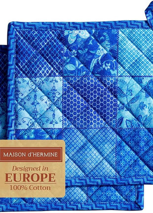 Maison d' Hermine Pot Holders Set 100% Cotton Heat Resistant Potholders 8" x 8" Hot Pads with Loop BBQ, Cooking, Baking, Grilling, Kitchen, Handling Hot Pans Spring/Summer (Pack of 2, Indigo Love)
