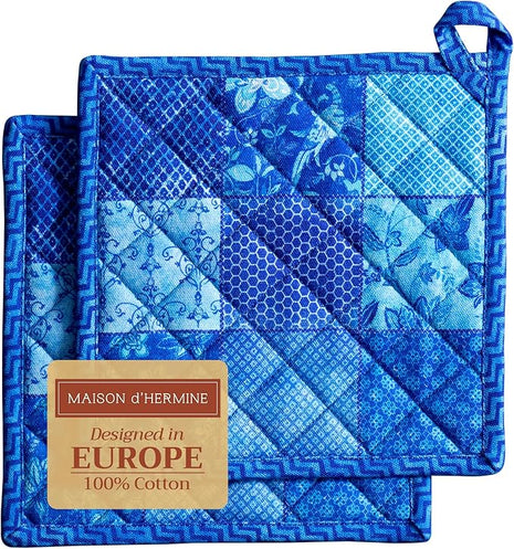 Maison d' Hermine Pot Holders Set 100% Cotton Heat Resistant Potholders 8" x 8" Hot Pads with Loop BBQ, Cooking, Baking, Grilling, Kitchen, Handling Hot Pans Spring/Summer (Pack of 2, Indigo Love)