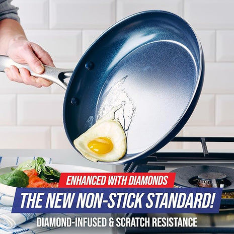 Blue Diamond Frying Pan 8” Skillet, Diamond Infused Healthy Ceramic Nonstick, PFAS and PFOA-Free, Dishwasher and Oven Safe, Even Heating, Metal Utensil Safe, Warp Control Base, Blue (Pack of 4)