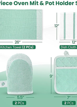 Casa Platino Potholders & Oven Mitts Heat Resistant, 8-Piece Mini Oven Mitts with Silicone Grip, Potholders for Kitchens, 2 Kitchen Towels & 2 Dish Cloths – Durable & Non-Slip – Sage