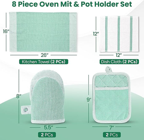 Casa Platino Potholders & Oven Mitts Heat Resistant, 8-Piece Mini Oven Mitts with Silicone Grip, Potholders for Kitchens, 2 Kitchen Towels & 2 Dish Cloths – Durable & Non-Slip – Sage