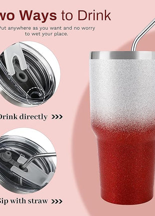 D·S 30 oz Tumbler Christmas Red Glitter Gradient Cup Stainless Steel Double Wall Vacuum Insulated Mug with Straw and Lid, Cleaning Brush for Cold and Hot Beverages