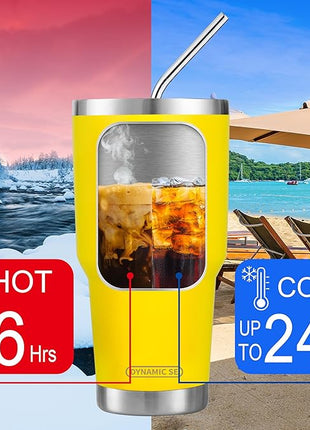 D·S 30oz Yellow Tumbler Stainless Steel Insulated Travel Mug with Straw Lid Cleaning Brush (30oz Yellow)