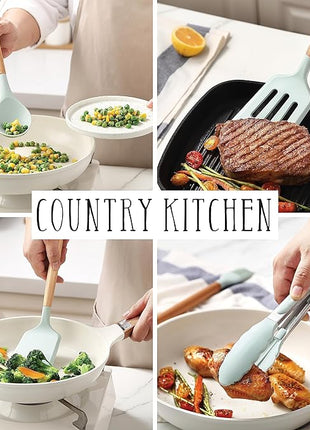 Country Kitchen Non Stick Silicone Utensil Set with Rounded Wood Handles for Cooking and Baking, 14 Piece Set, Mint