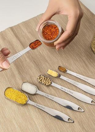 Accurate 18/8 Stainless Steel Measuring Spoons, Heavy Duty Good Handle Set of 6 Measuring Spoon with Ring Connector, Silver