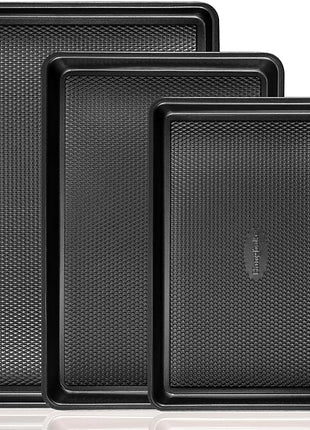 Cookie Sheets for Baking Nonstick - HONGBAKE Baking Sheet Pan Set of 3, Half/Quarter/Jelly Roll Pan for Oven with Diamond Texture Pattern, 57% Thicker Carbon Steel Cookie Trays, Dark Grey