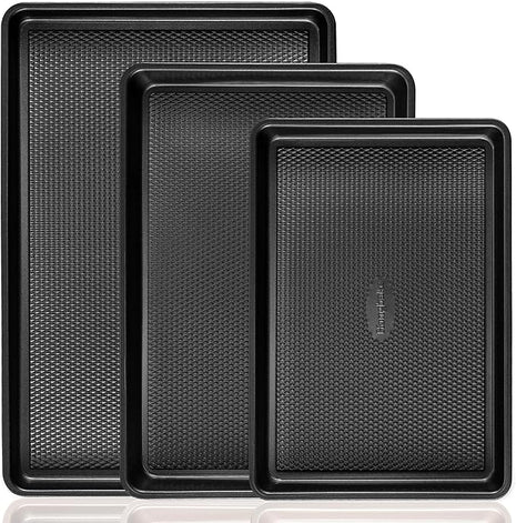 Cookie Sheets for Baking Nonstick - HONGBAKE Baking Sheet Pan Set of 3, Half/Quarter/Jelly Roll Pan for Oven with Diamond Texture Pattern, 57% Thicker Carbon Steel Cookie Trays, Dark Grey