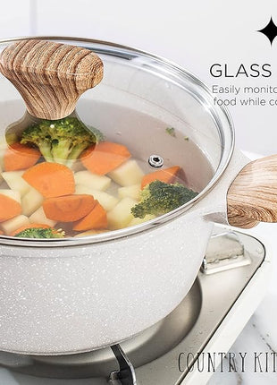 Country Kitchen Non-Stick Cast Aluminum Cookware Set - Durable Kitchen Cookware for Everyday Cooking, Speckled Cream, 6 Pc.