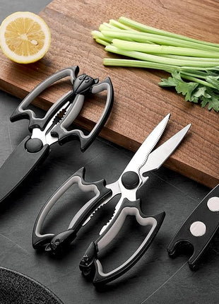 Magnetic Kitchen Scissors All Purpose 2 Pack - Halloween Bat Kitchen Shears - Heavy Duty Stainless Steel Cooking Shears for Cutting Meat, Food, Poultry - Featuring a Magnetic Protective Sheath
