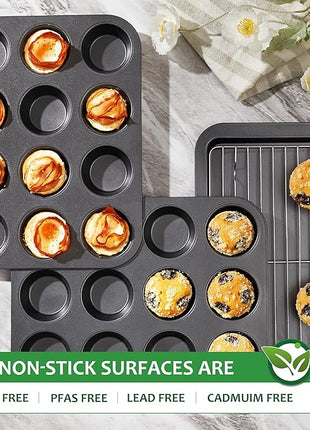 HONGBAKE Muffin Pan for Baking, Nonstick Cupcake Tin 12 Cup, 2 Pack Cup Cake Tray, Premium Cheesecake Pans, Dishwasher Safe - Dark Grey