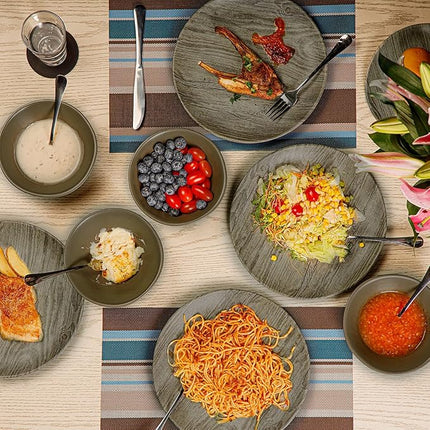 TP 18-Piece Dinnerware Set, Melamine Dishes Set with Bowls and Plates, Service for 6, Non-breakable Lightweight Dining Tableware, Grayish-brown Wood Grain