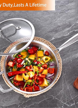 DELARLO Tri-Ply Stainless Steel 10 Inch Frying Pan,3 Quart Sauté Pan with lid,Compatible with All Cooktops,Oven Up to 660℉,Chicken Fryer,Dishwasher-Friendly