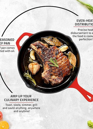 Utopia Kitchen Saute Frying Pan 12 Inch, Cast Iron Chefs Pan, Pre Seasoned Cast iron Skillet With Lid, Safe Grill Cookware for Indoor & Outdoor Use, Red