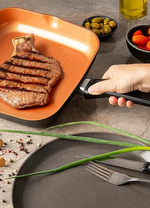 Moss & Stone Square Grill Pan For Indoor Cooking, 9.5In Frying Pan Copper Non-Stick Saute Fry Pan, Induction Copper Pan for Meats & Vegetables, Aluminum Griddle Nonstick Stove Top Grill Pan